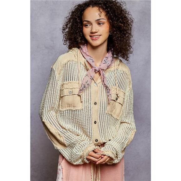 POL Texture Woven Button Down Hooded Shirt with Drawstring Hem - Picture 1 of 7